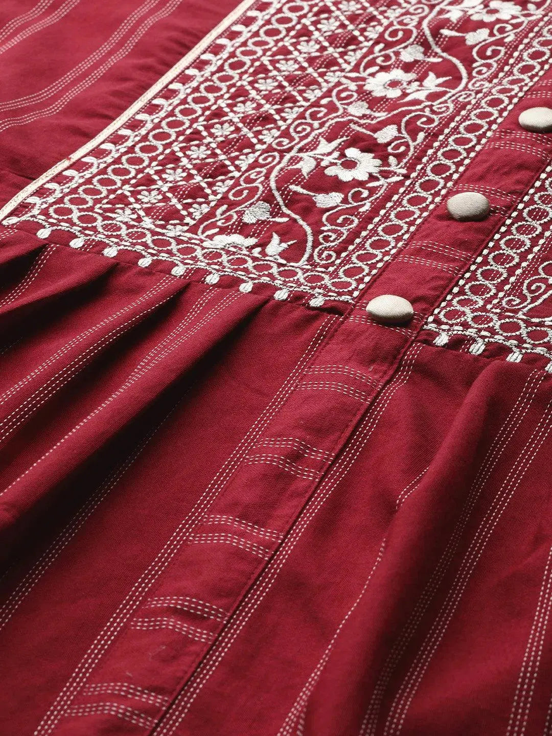 Maroon Embroidered Cotton Dress - Libas