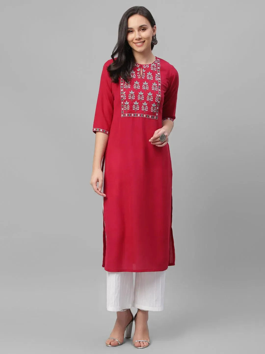 Maroon Embroidered Cotton Kurta - Libas