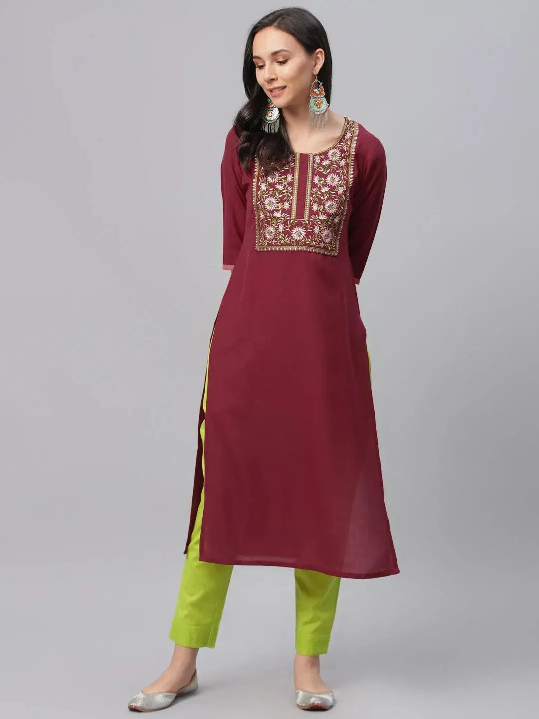 Maroon Embroidered Cotton Kurta - Libas