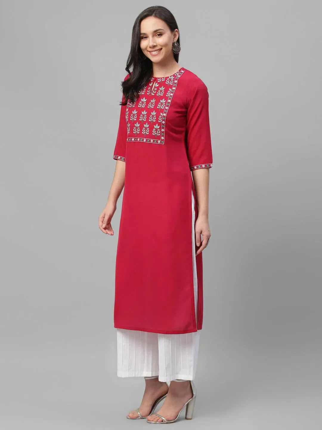 Maroon Embroidered Cotton Kurta - Libas