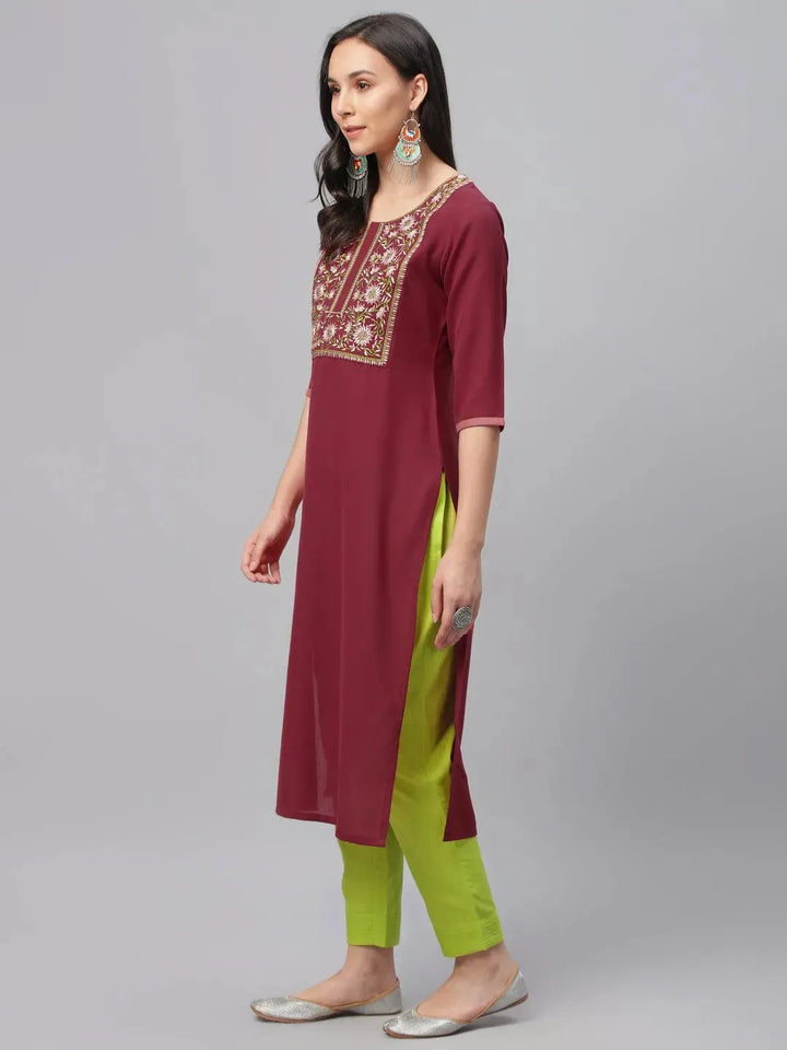 Maroon Embroidered Cotton Kurta - Libas