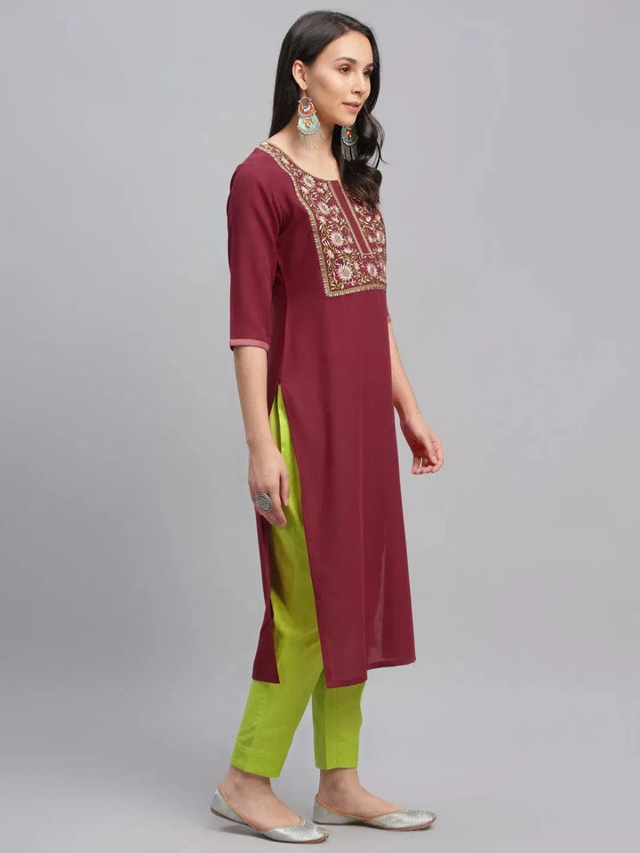 Maroon Embroidered Cotton Kurta - Libas