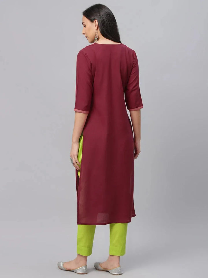 Maroon Embroidered Cotton Kurta - Libas