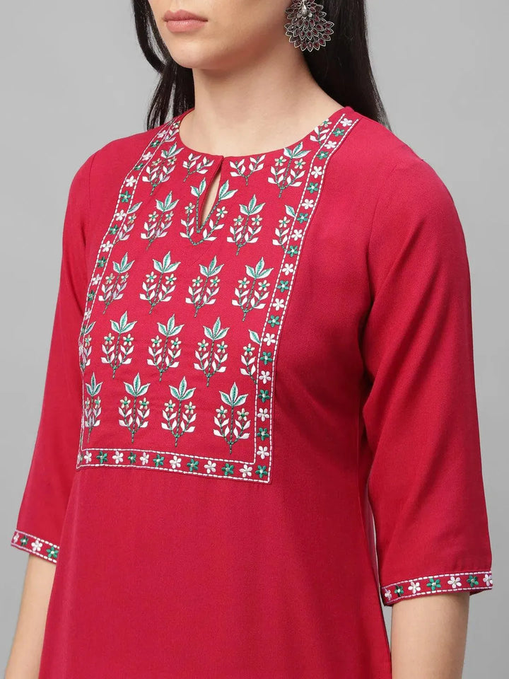 Maroon Embroidered Cotton Kurta - Libas