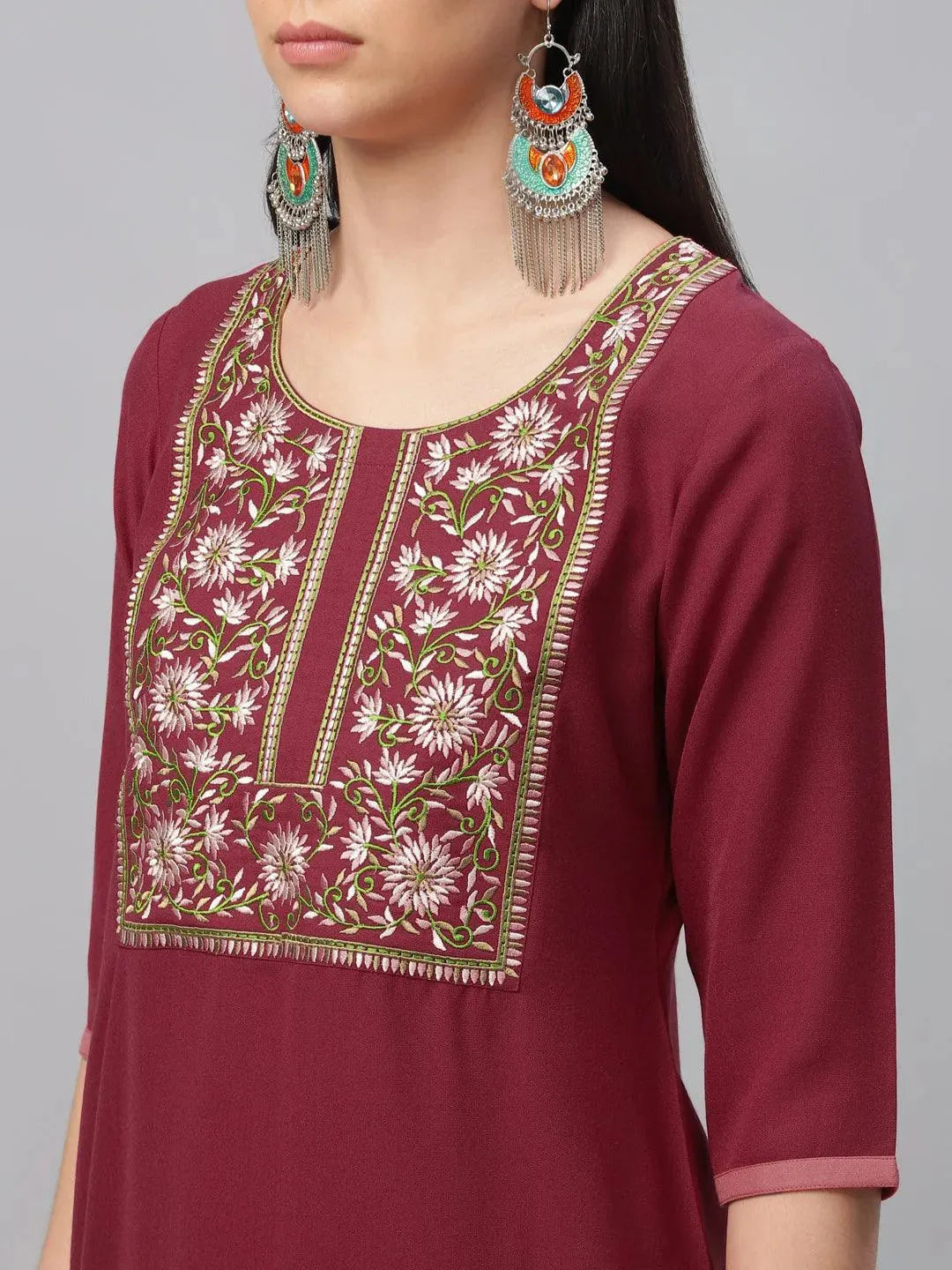 Maroon Embroidered Cotton Kurta - Libas 