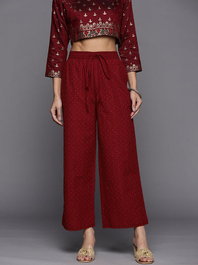 Maroon Embroidered Cotton Palazzos - Libas