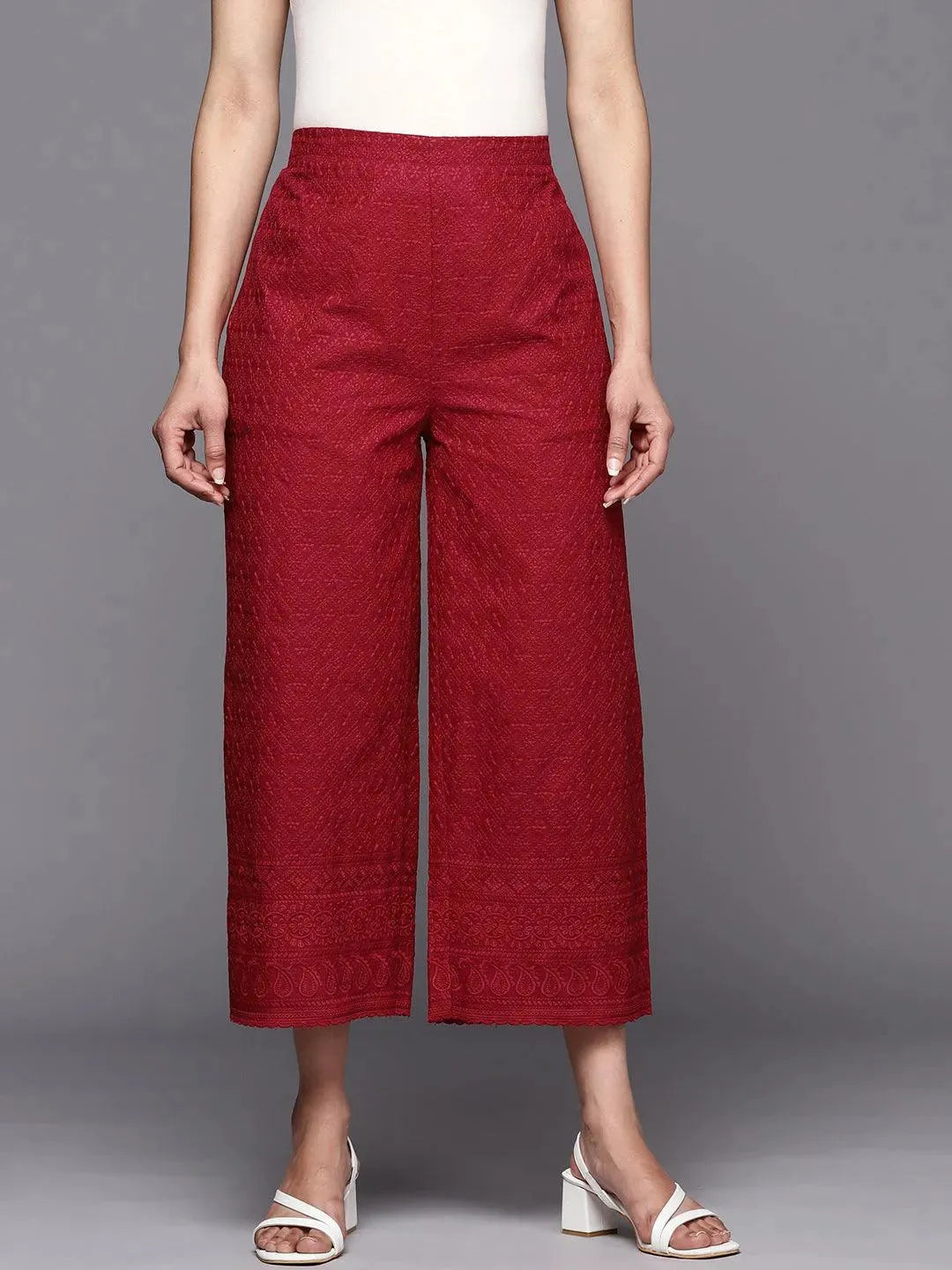 Maroon Embroidered Cotton Palazzos - Libas 