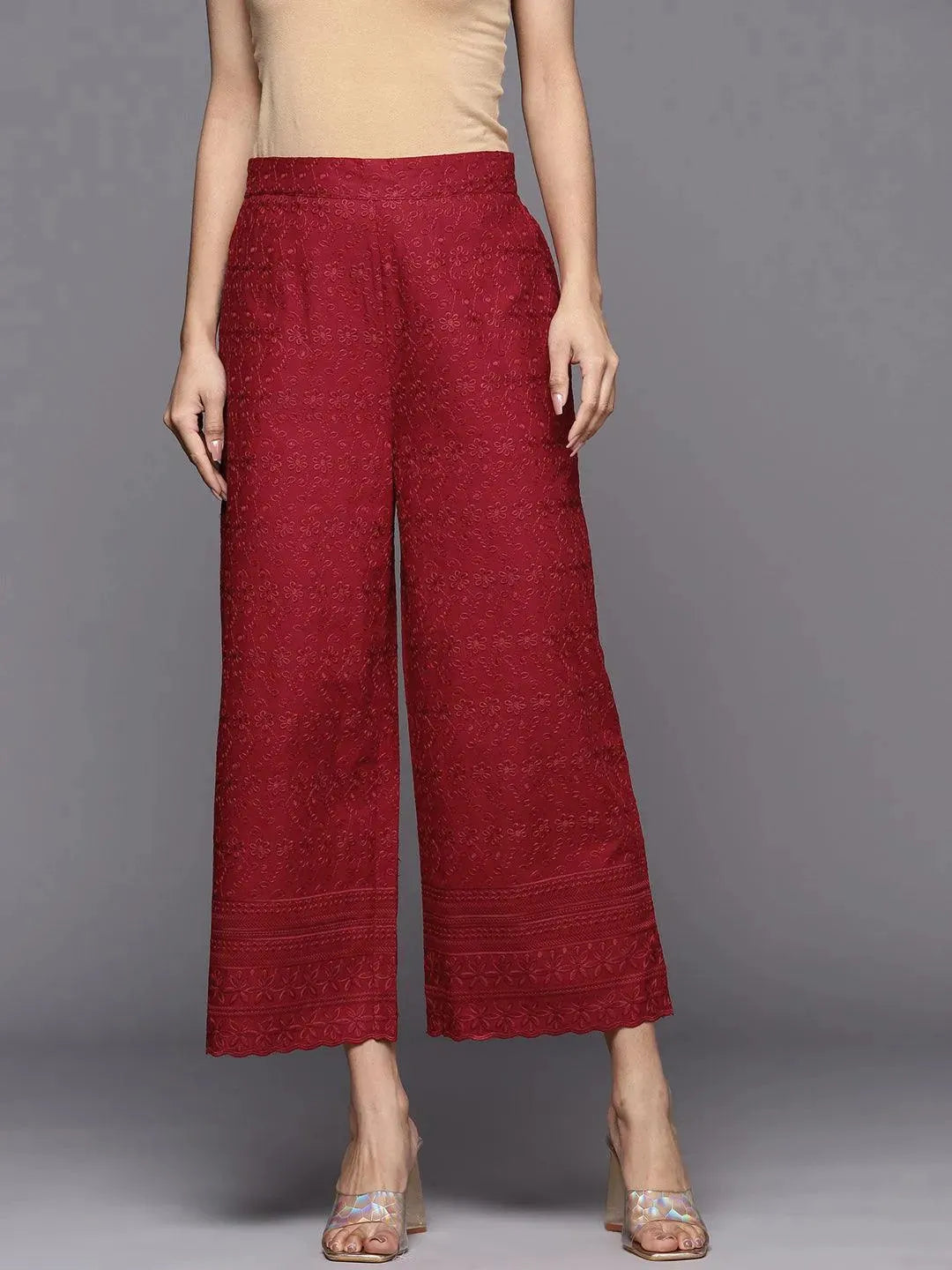 Maroon Embroidered Cotton Palazzos - Libas