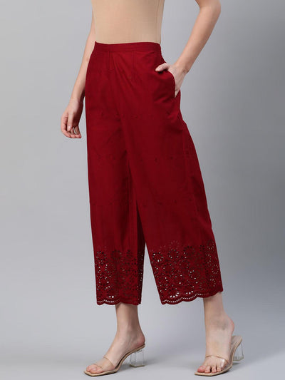 Maroon Embroidered Cotton Palazzos - Libas