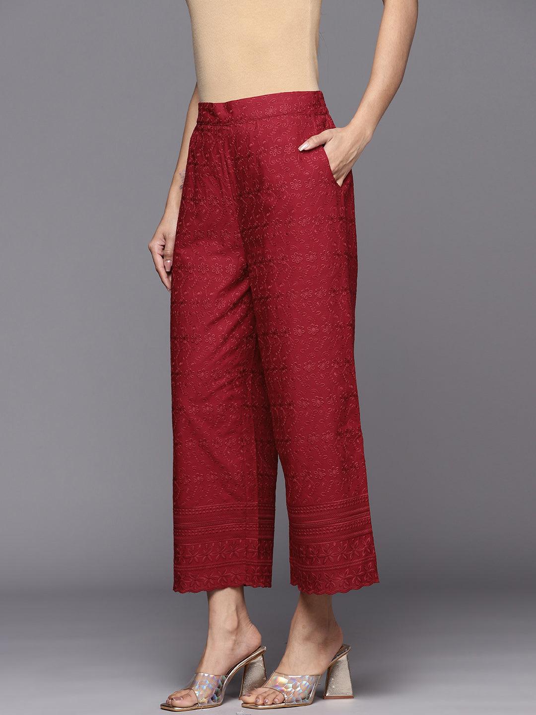 Maroon Embroidered Cotton Palazzos