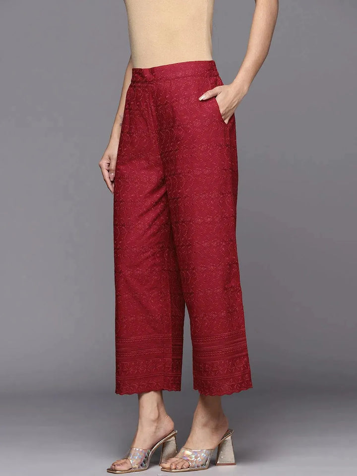 Maroon Embroidered Cotton Palazzos - Libas