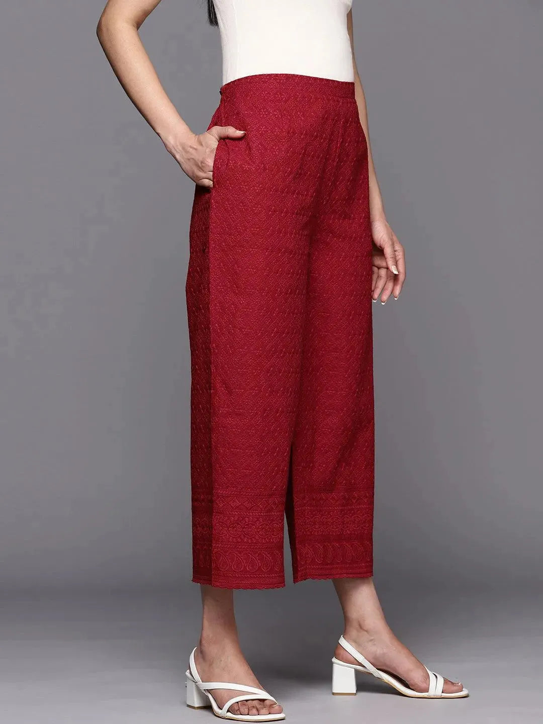 Maroon Embroidered Cotton Palazzos - Libas 