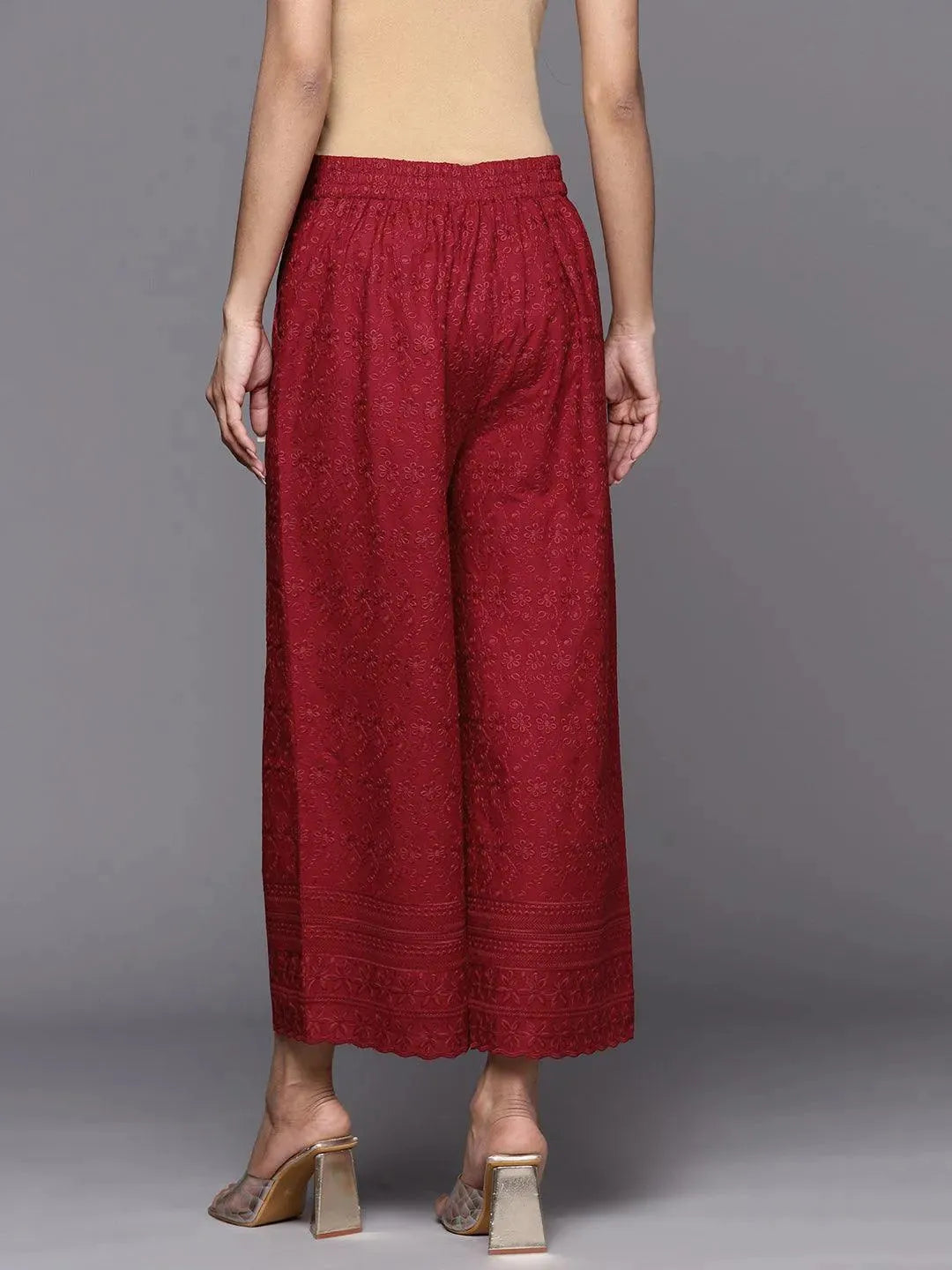 Maroon Embroidered Cotton Palazzos - Libas 