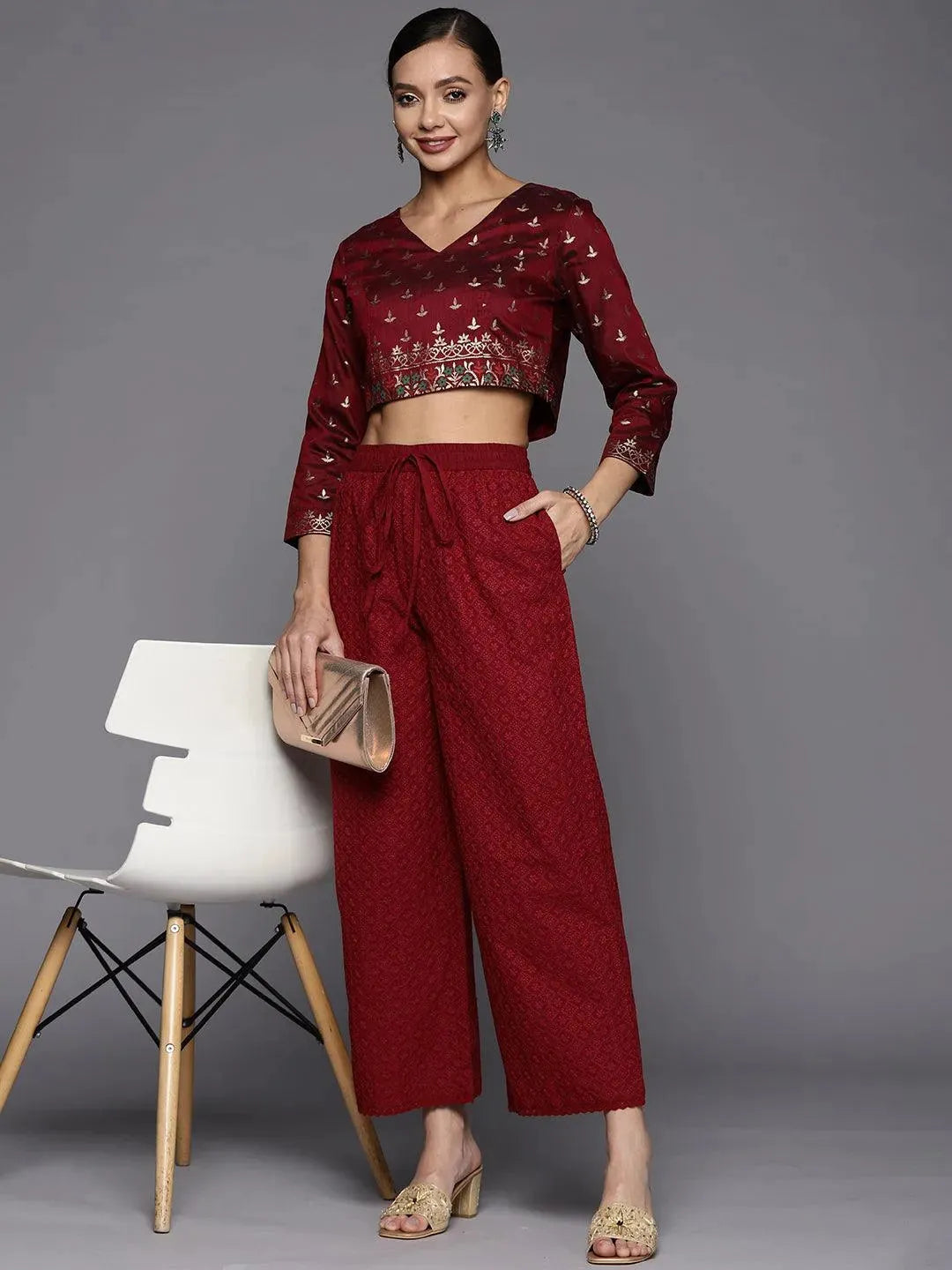 Maroon Embroidered Cotton Palazzos - Libas 