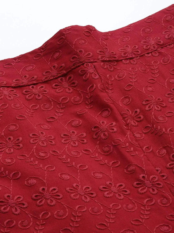 Maroon Embroidered Cotton Palazzos - Libas