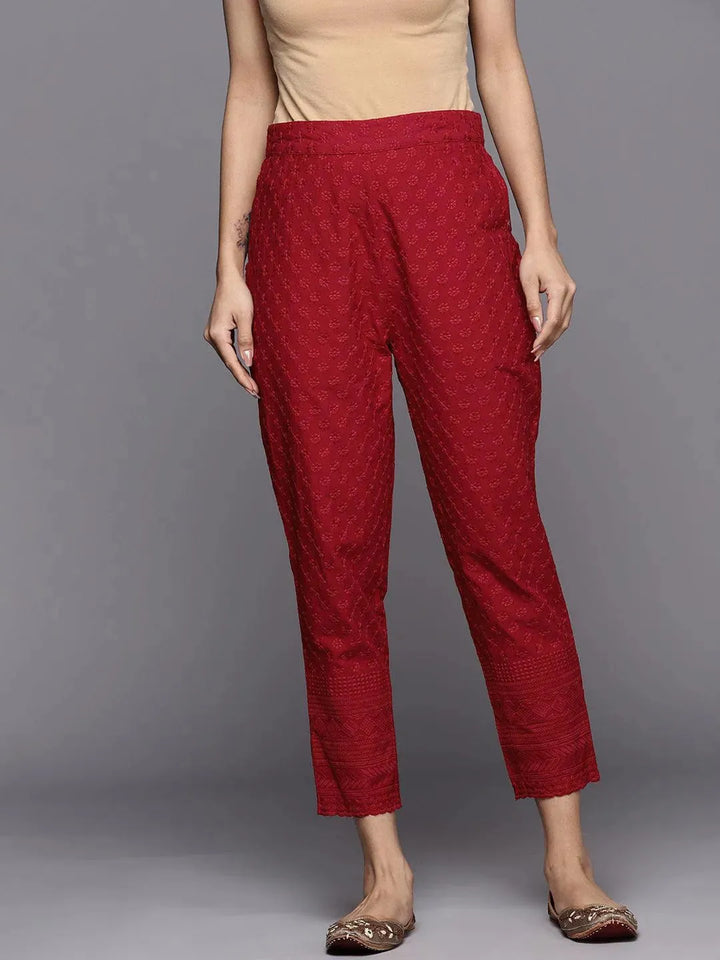 Maroon Embroidered Cotton Trousers - Libas