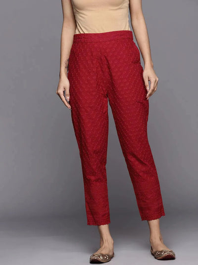 Maroon Embroidered Cotton Trousers - Libas
