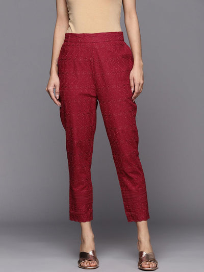 Maroon Embroidered Cotton Trousers - Libas