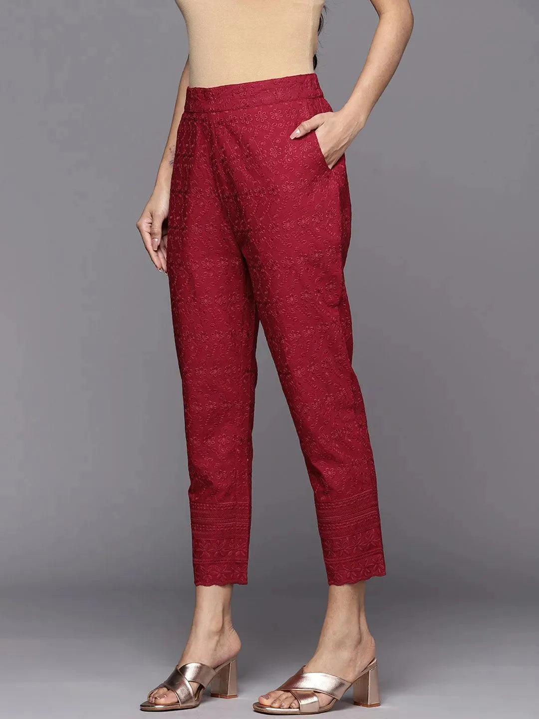 Maroon Embroidered Cotton Trousers - Libas