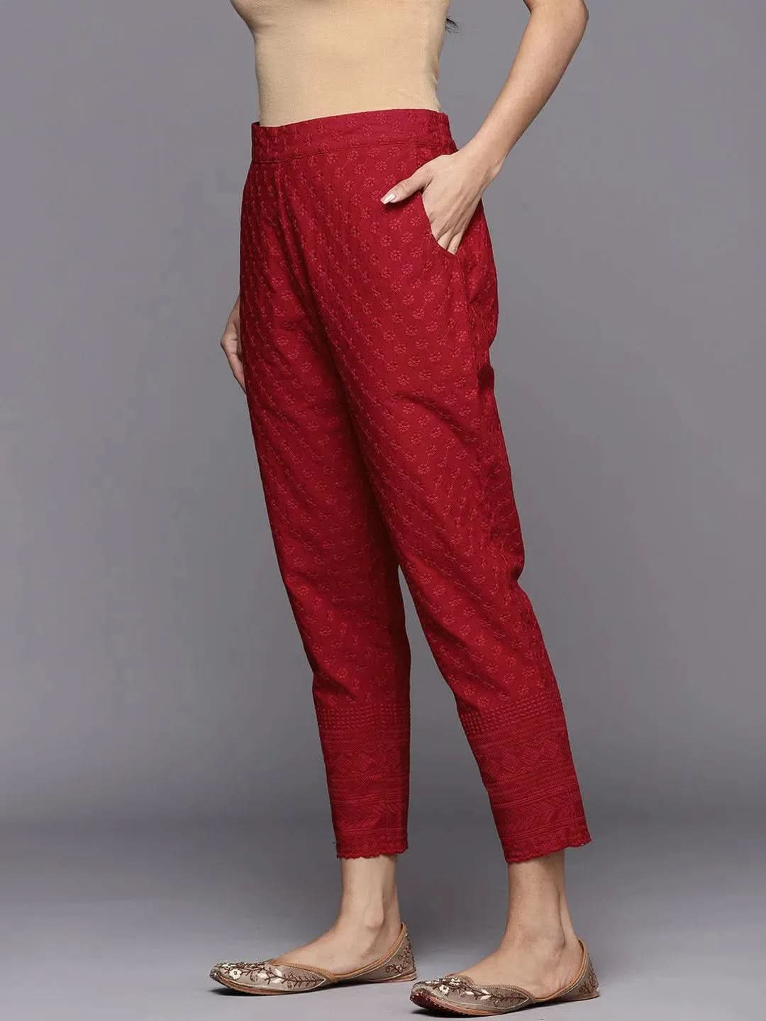 

Maroon Embroidered Cotton Trousers