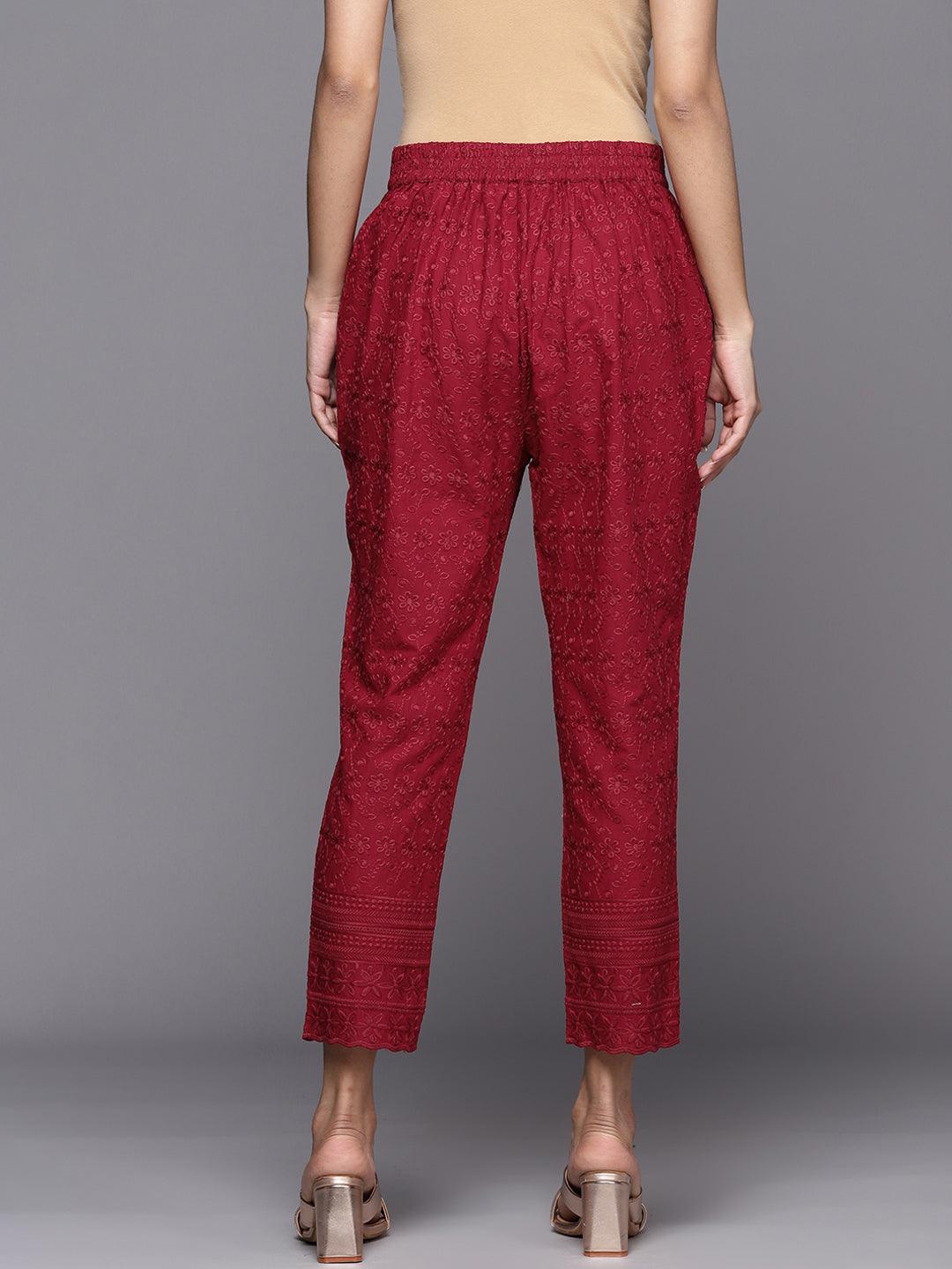 Maroon Embroidered Cotton Trousers - Libas