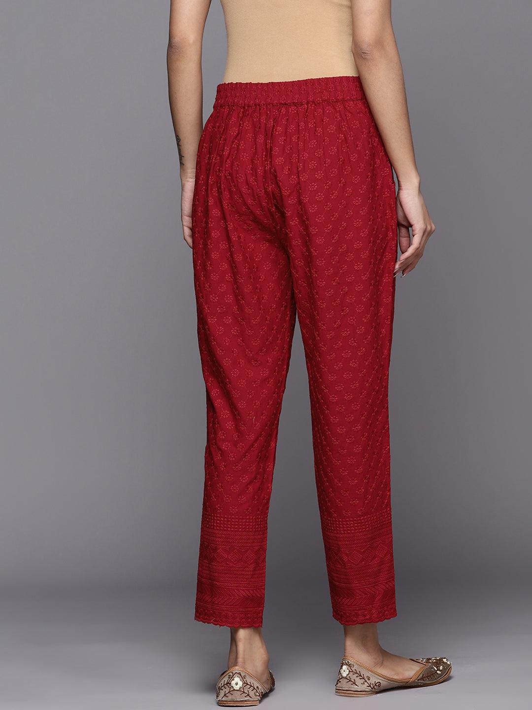Maroon Embroidered Cotton Trousers