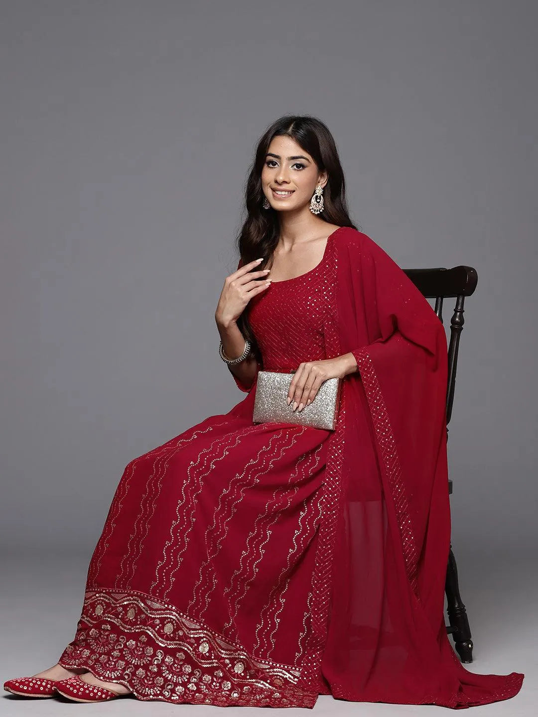 Maroon Embroidered Georgette A-Line Kurta With Palazzos & Dupatta-image-33