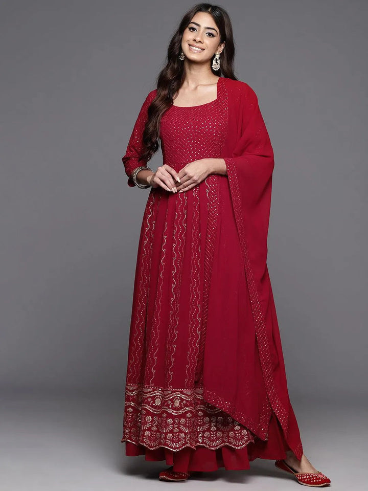 Maroon Embroidered Georgette A-Line Kurta With Palazzos & Dupatta - Libas