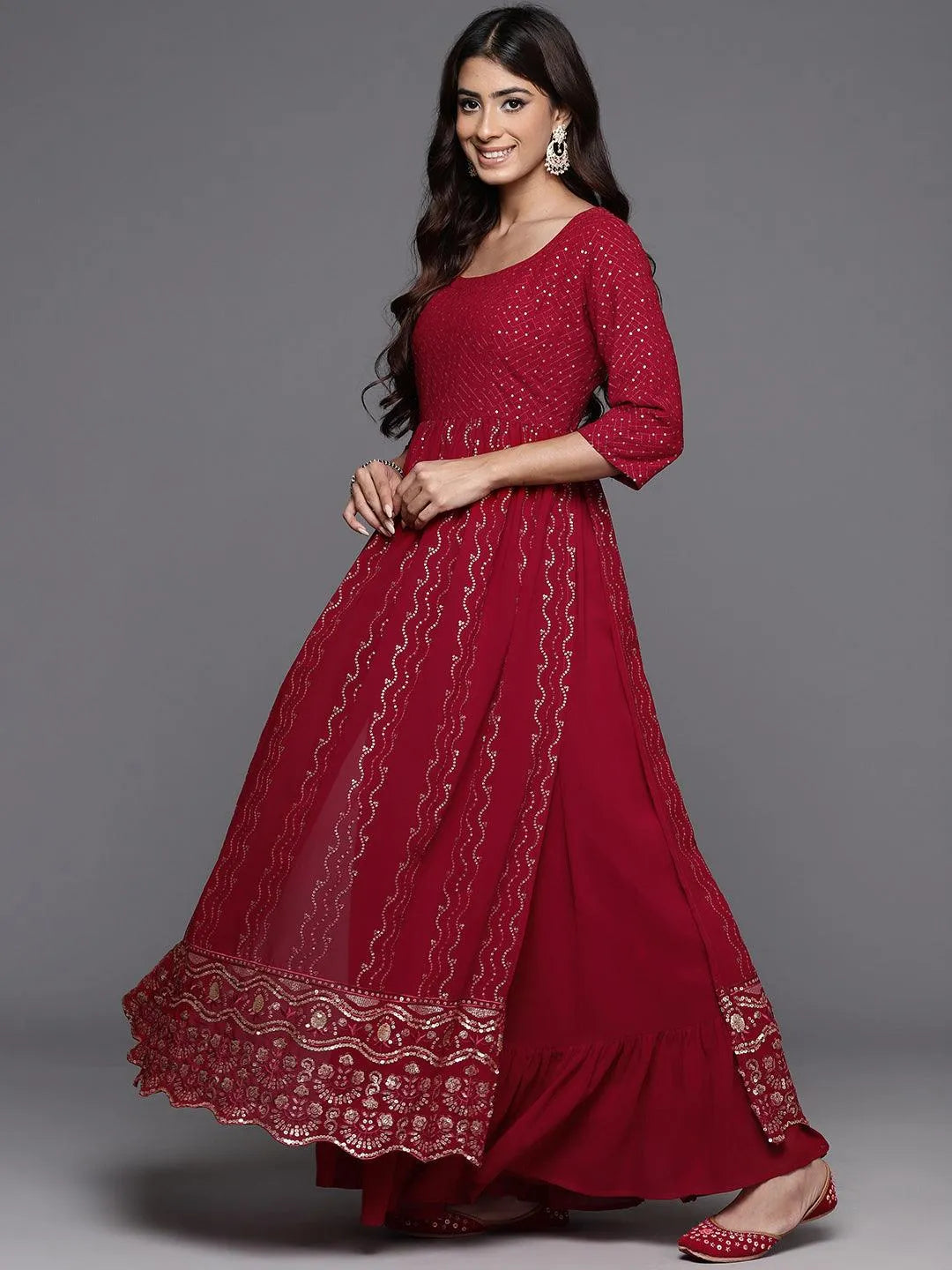 Maroon Embroidered Georgette A-Line Kurta With Palazzos & Dupatta - Libas 