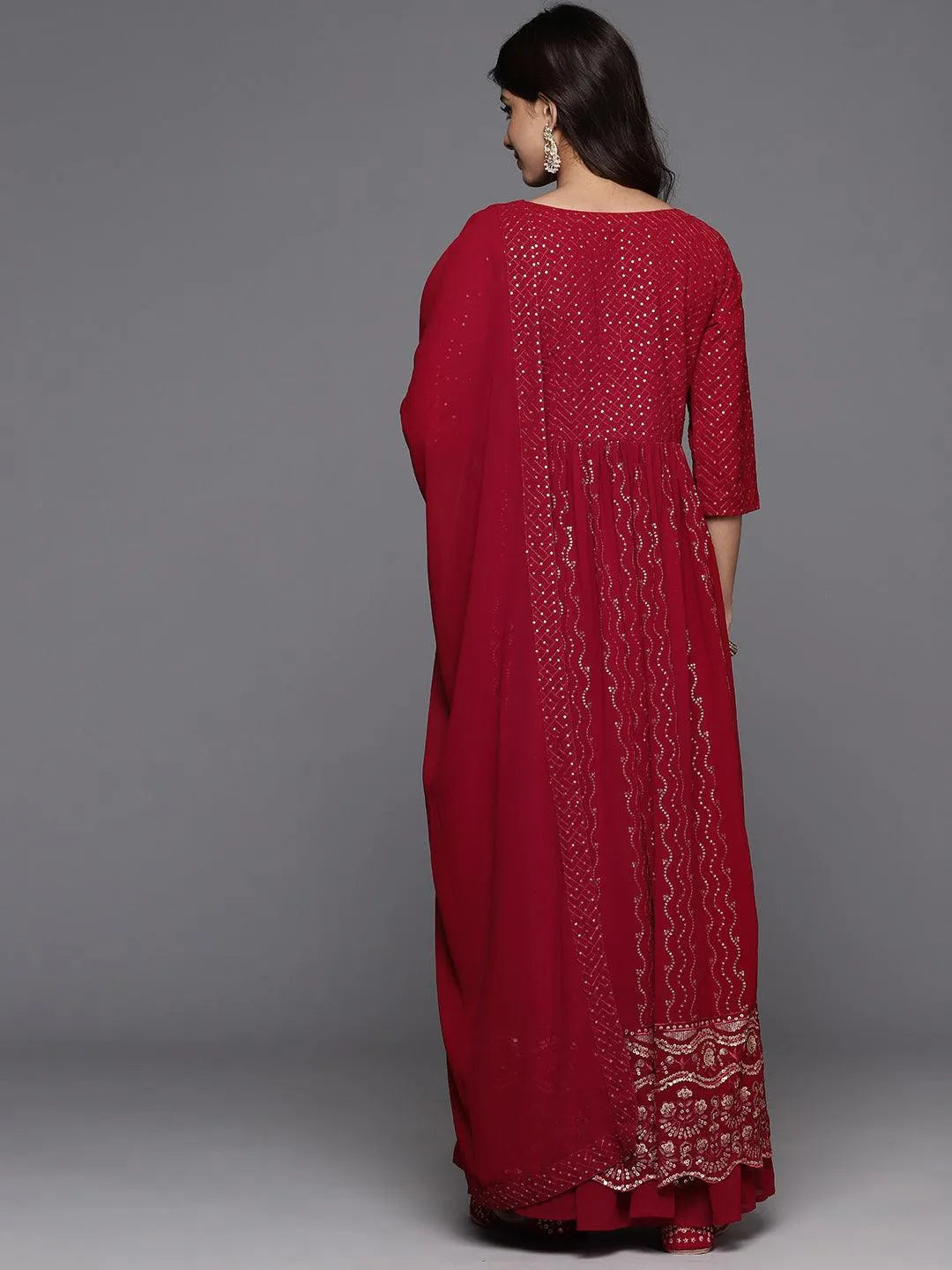 Maroon Embroidered Georgette A-Line Kurta With Palazzos & Dupatta - Libas 
