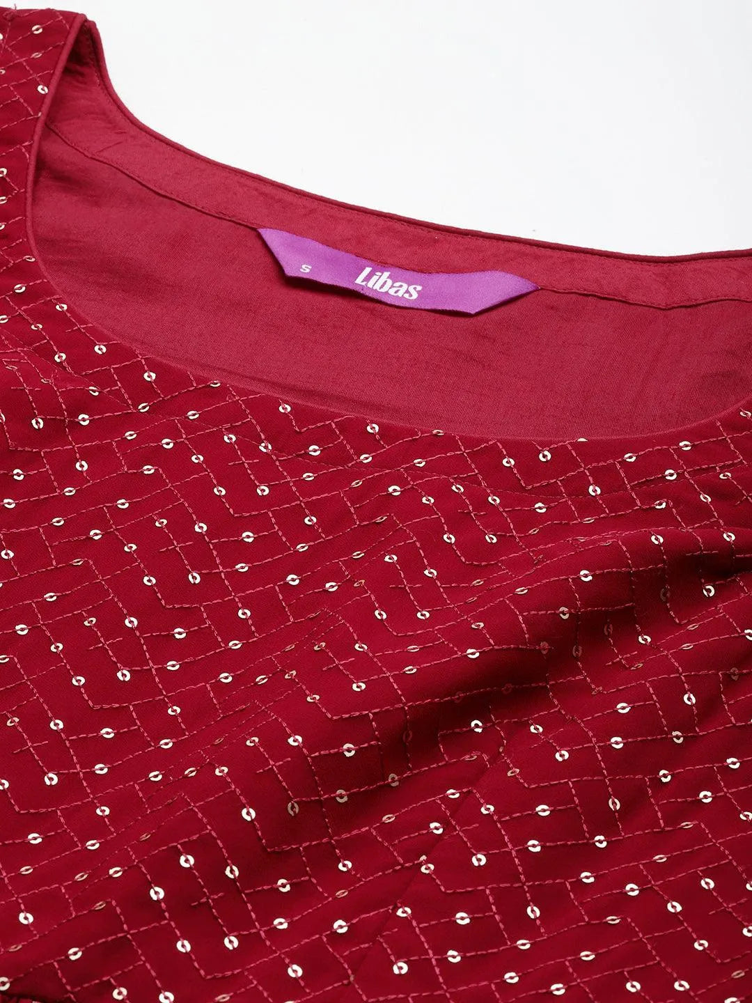 Maroon Embroidered Georgette A-Line Kurta With Palazzos & Dupatta - Libas 