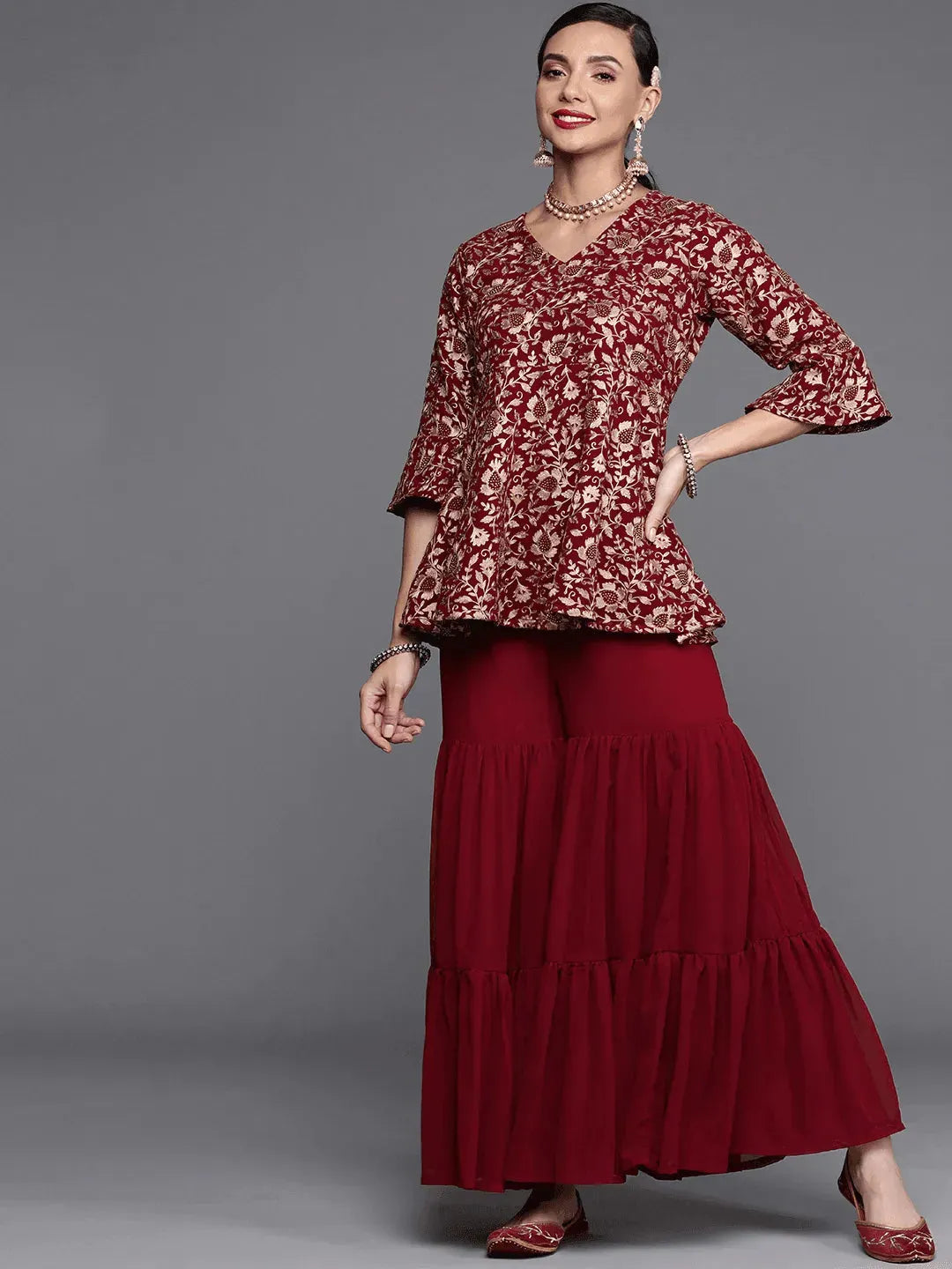  Maroon Embroidered Georgette A-Line Kurta With Sharara 