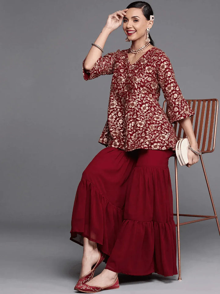 Maroon Embroidered Georgette A-Line Kurta With Sharara - Libas