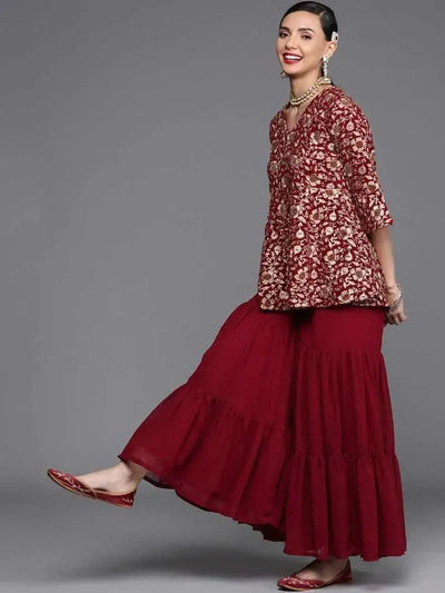 Maroon Embroidered Georgette A-Line Kurta With Sharara - Libas