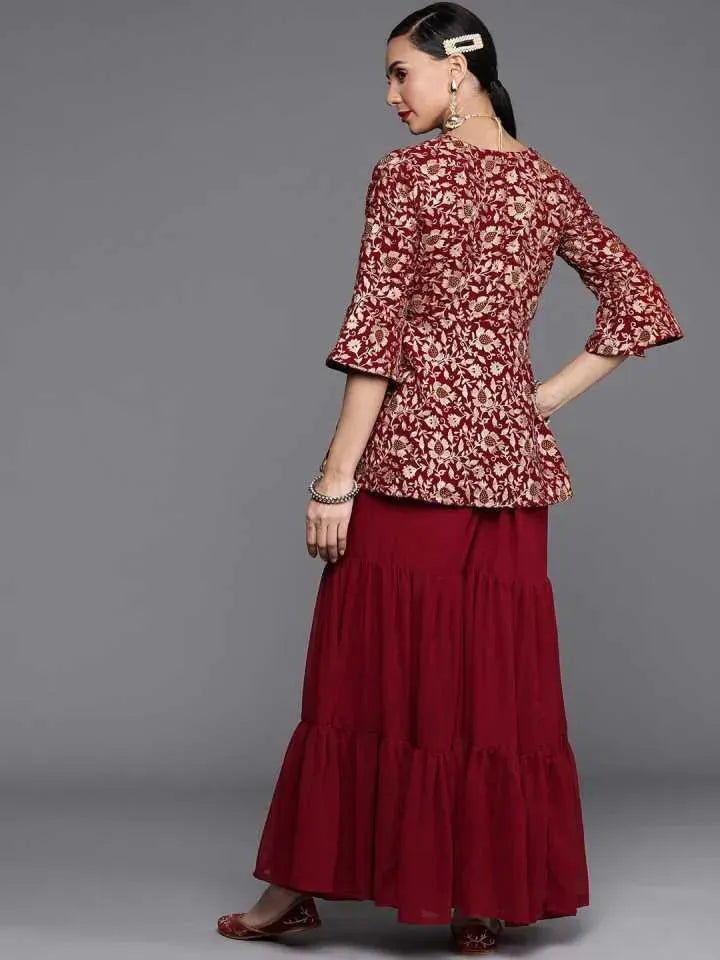 Maroon Embroidered Georgette A-Line Kurta With Sharara - Libas