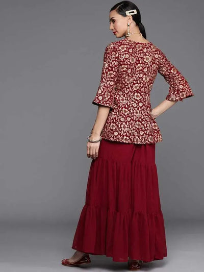 Maroon Embroidered Georgette Kurta Set - Libas