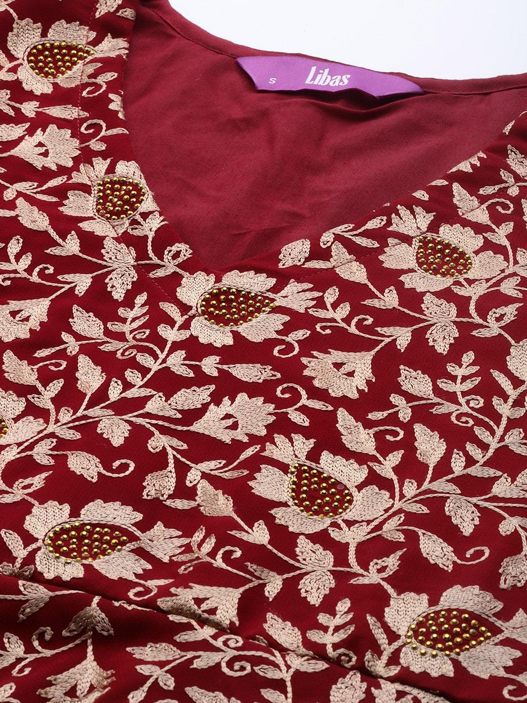 Maroon Embroidered Georgette A-Line Kurta With Sharara