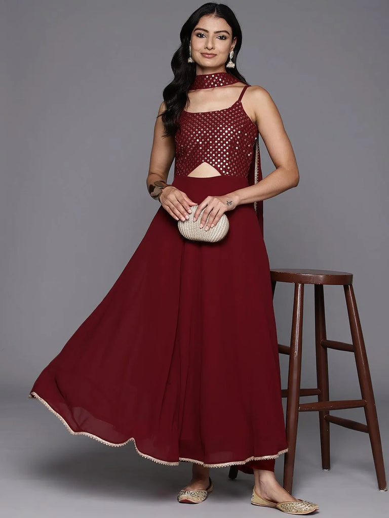 Gerua Maroon Embroidered Georgette A-Line Kurta With Trousers & Dupatta