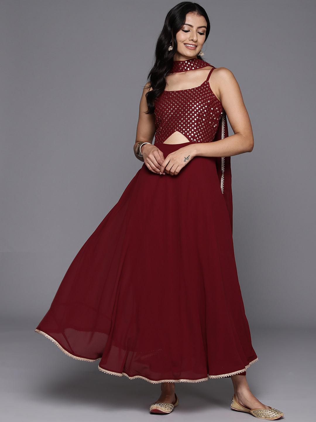 Maroon Embroidered Georgette A-Line Kurta With Trousers & Dupatta