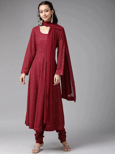 Maroon Embroidered Georgette Suit Set - Libas