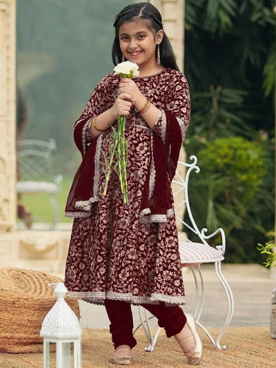 Maroon Embroidered Georgette Anarkali Kurta With Churidar & Dupatta - Libas