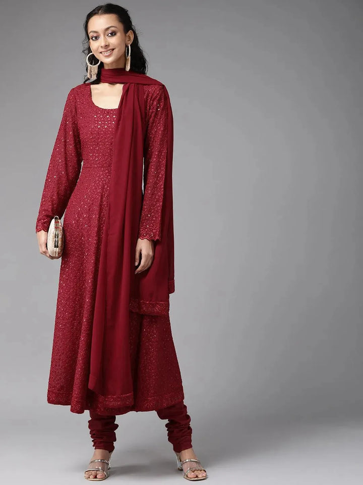 Maroon Embroidered Georgette Suit Set - Libas