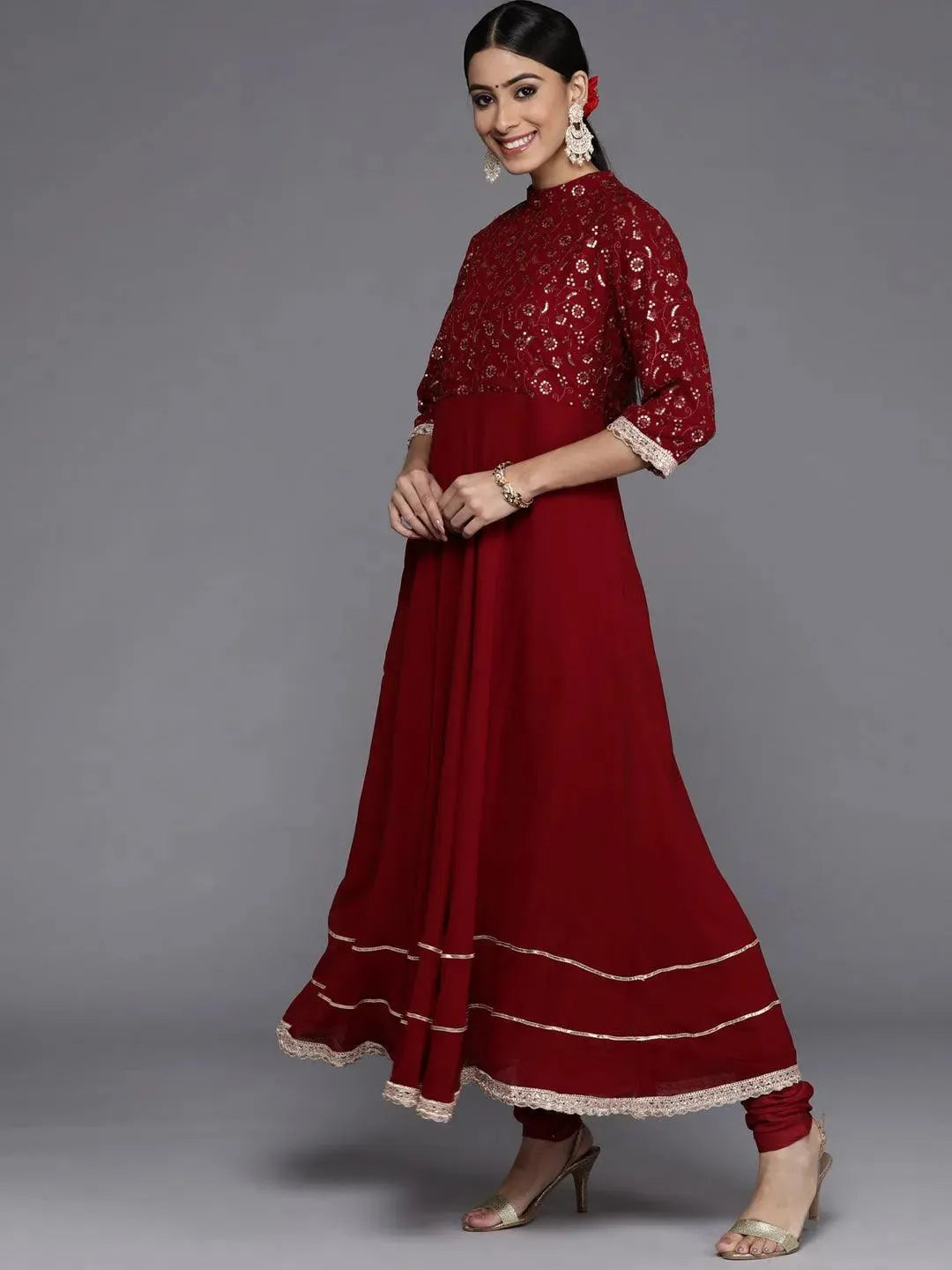 Maroon Embroidered Georgette Anarkali Suit Set With Churidar - Libas 