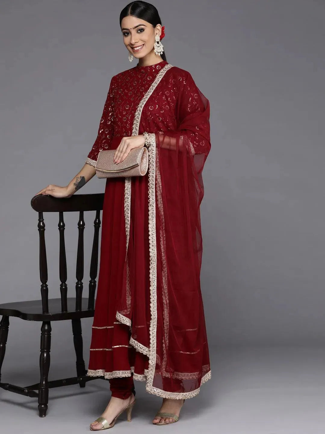 Maroon Embroidered Georgette Anarkali Suit Set With Churidar - Libas 
