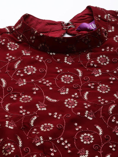 Maroon Embroidered Georgette Anarkali Suit Set With Churidar - Libas