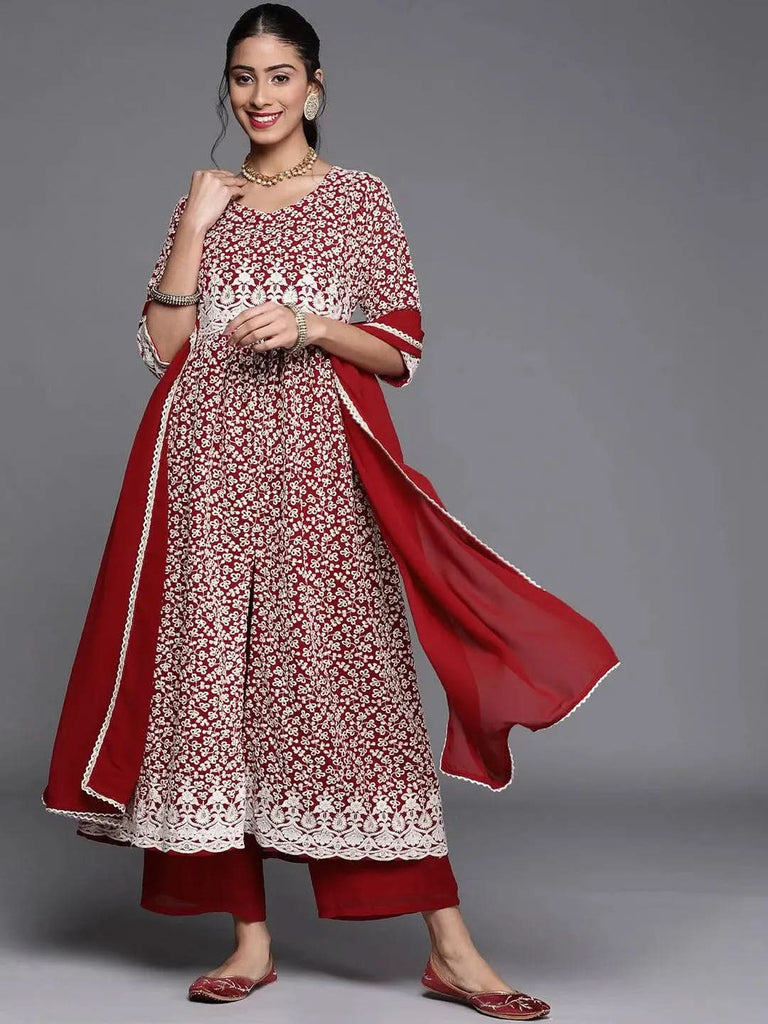 Libas Maroon Embroidered Georgette Anarkali Kurta With Palazzos & Dupatta