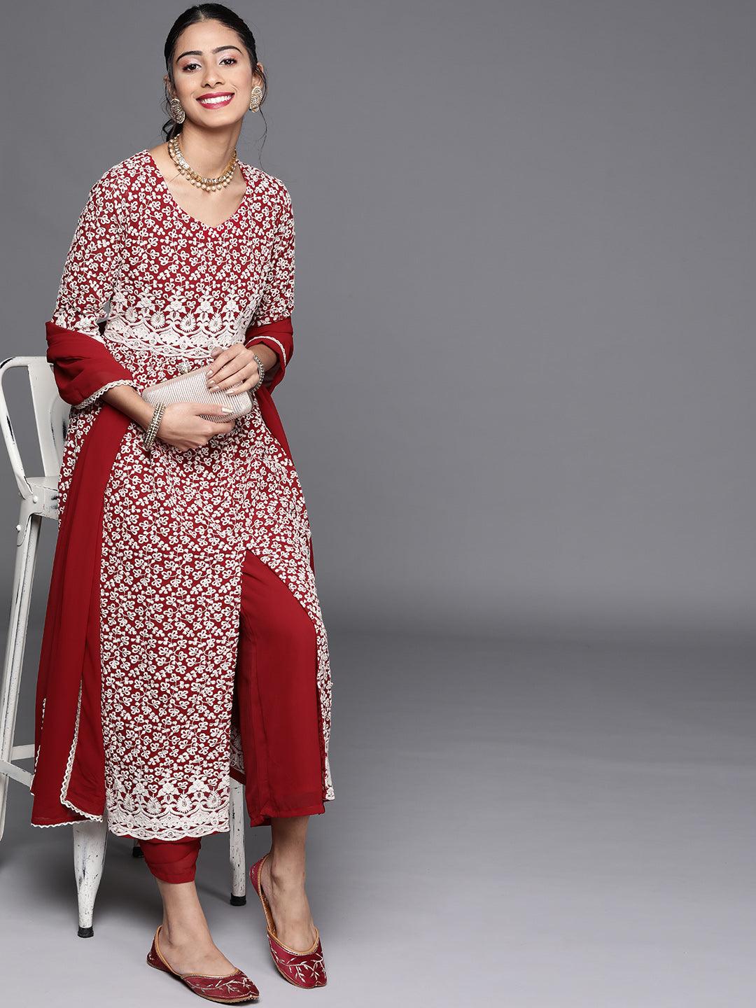 Maroon Embroidered Georgette Suit Set - Libas
