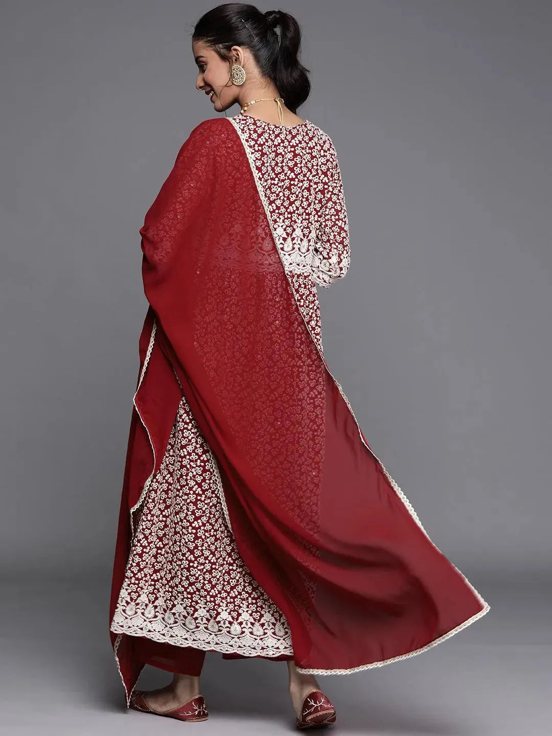 Maroon Embroidered Georgette Suit Set - Libas