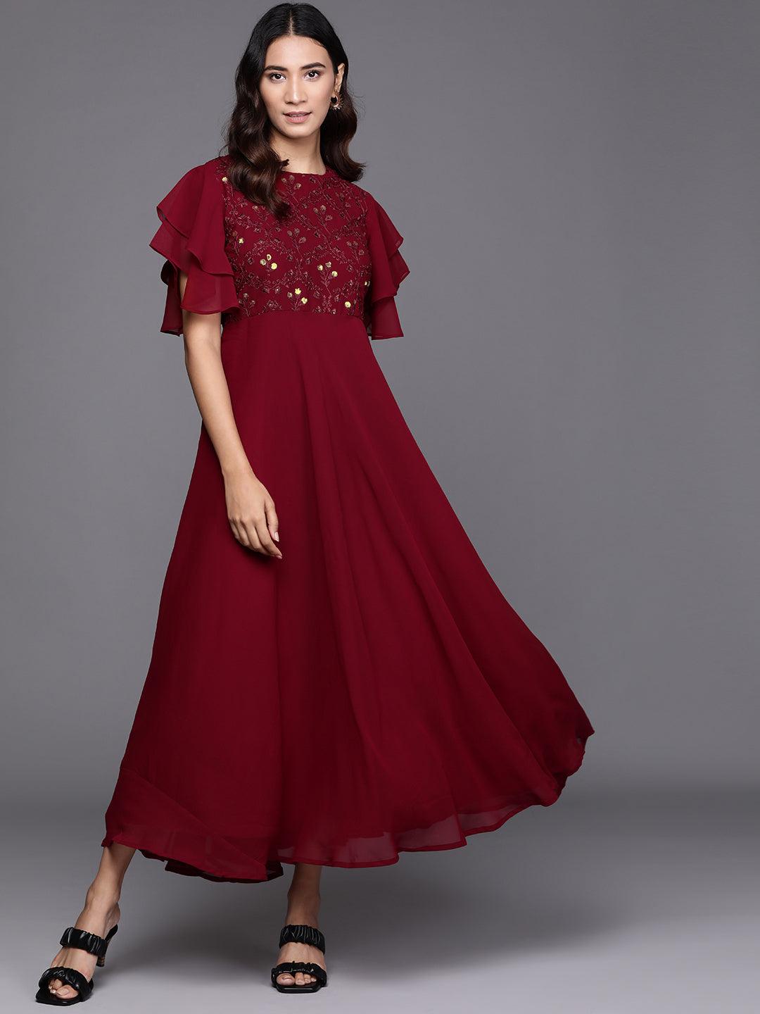 Maroon Embroidered Georgette Dress