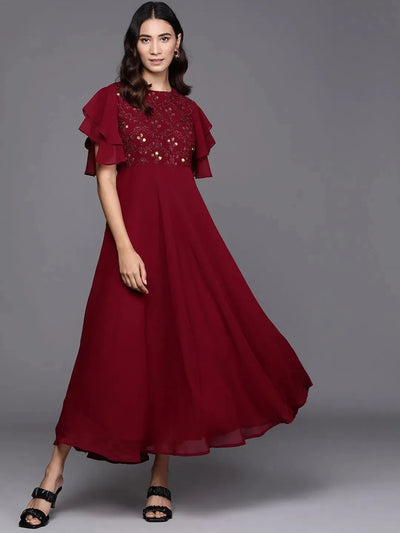 Maroon Embroidered Georgette Dress - Libas